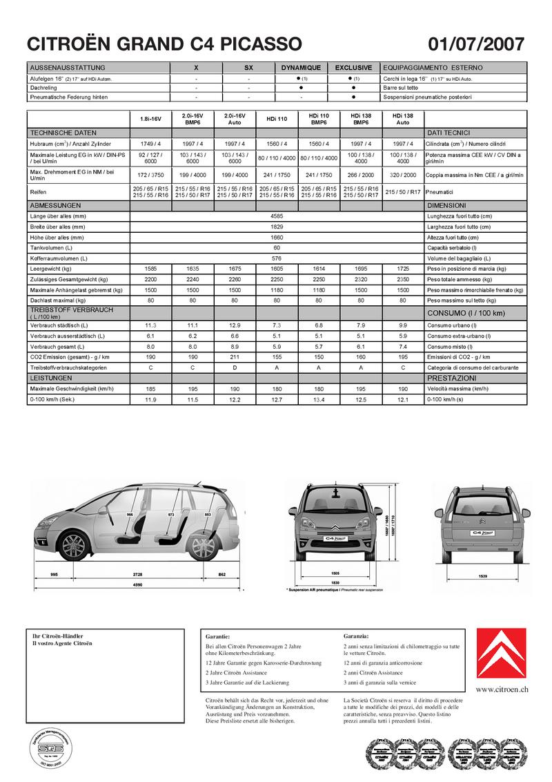 Citroen Grand C4 Picasso Preisliste 01 07 2007 Von Citroen Schweiz