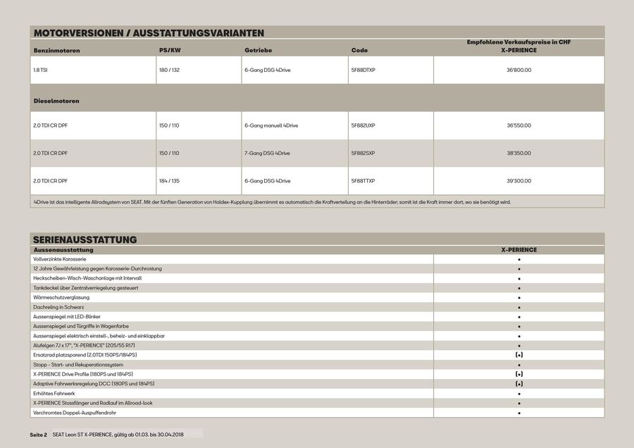 Seat Leon St X Perience Preisliste Gultig Ab 01 03 Bis 30 04 18 Von Seat Schweiz Amag