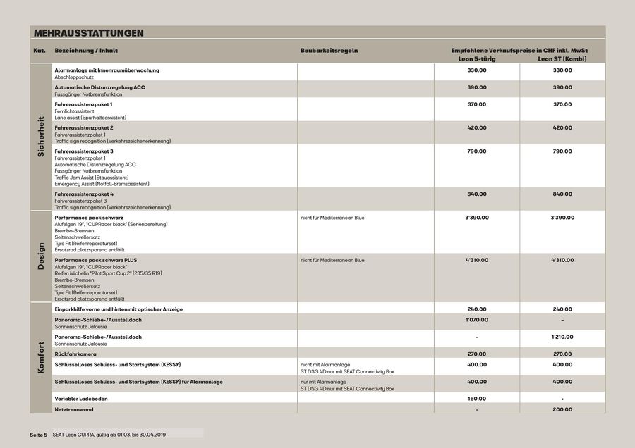 Seat Leon Cupra Preisliste Gultig Ab 01 03 Bis 30 04 2019 Von Seat Schweiz Amag