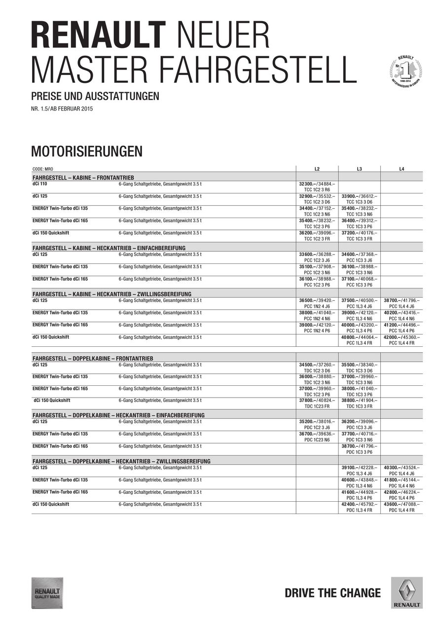 Renault Neuer Master Fahrgestell Preisliste Februar 2015 Von Renault