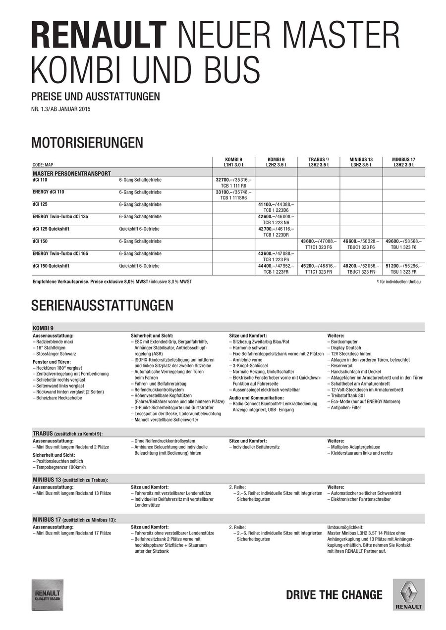 renault master kombi preisliste januar 2015 von renault