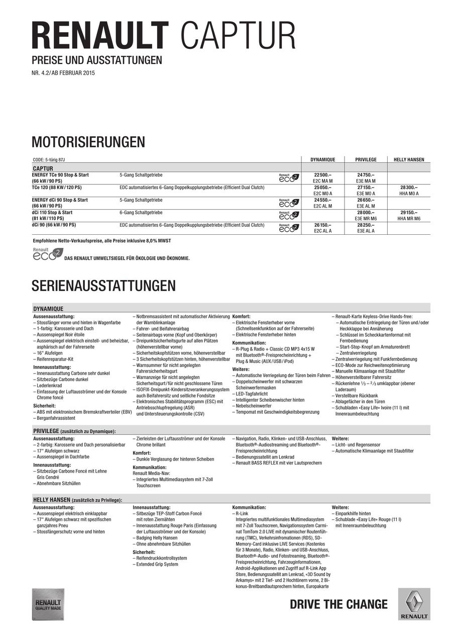 Renault Captur Preisliste Februar 2015 Von Renault