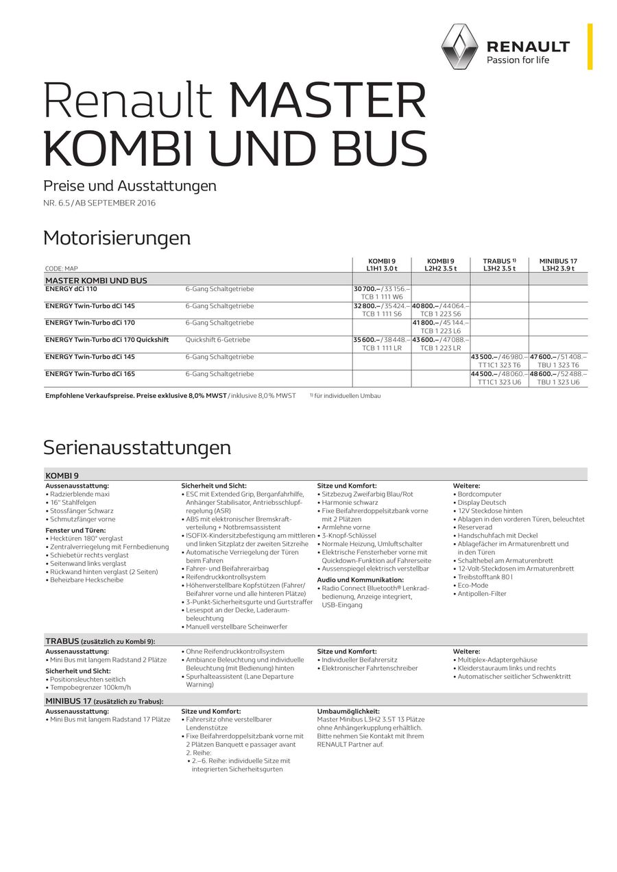 renault master kombi preisliste 2016 von renault