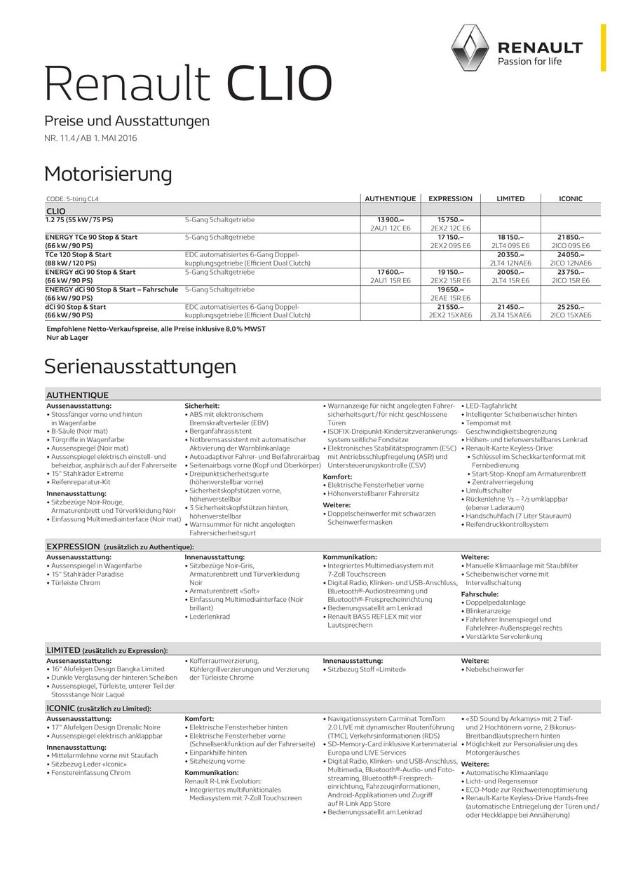 renault clio preisliste 2016 von renault