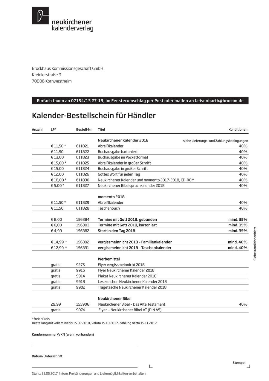 Bestellschein Und Konditionen Kalender 2018 Von Neukirchener Verlagsgesellschaft