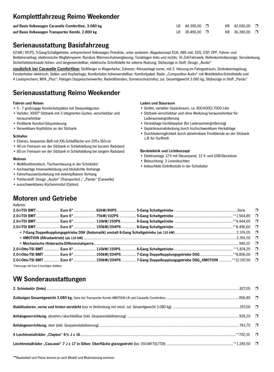 Vw T6 T5 Weekender Preisliste 2016 2017 Von Reimo Reisemobilcenter Gmbh