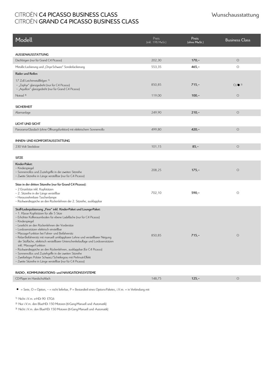 Grand C4 Picasso Business Class Preisliste 2014 Von Citroen Deutschland